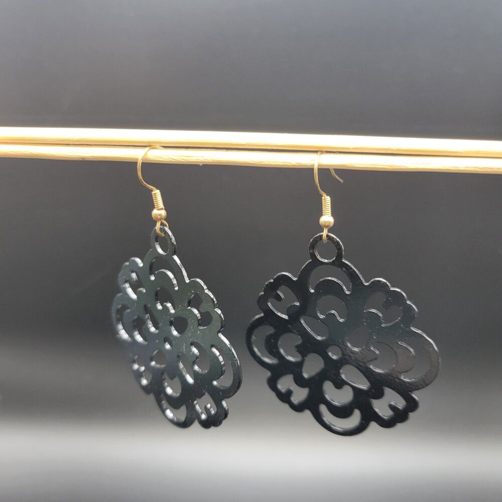 2" Modern Damask Drop Dangle Women Black Resin Acrylic Filigree Earrings Gift